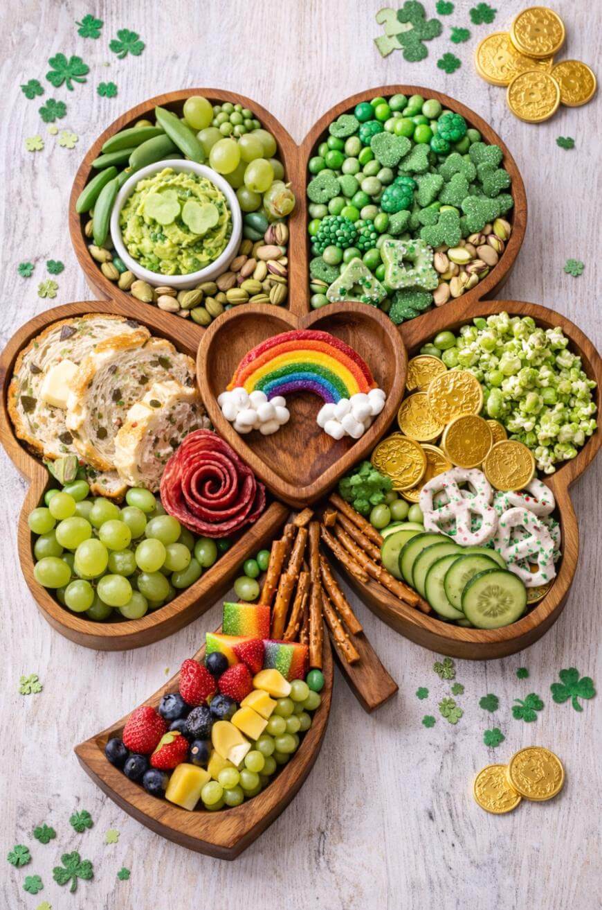 A shamrock-shaped wooden tray filled with colorful snacks, including fruits, vegetables, pretzels, cheese, gold chocolate coins, guacamole, and a rainbow-shaped candy with marshmallows, on a light wooden surface.
