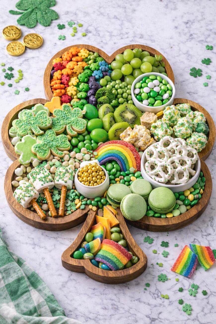 A shamrock-shaped wooden tray filled with green and rainbow-themed snacks, including cookies, candies, macarons, pretzels, popcorn, grapes, and kiwi slices, displayed on a light marble surface with gold coins and a green napkin nearby.