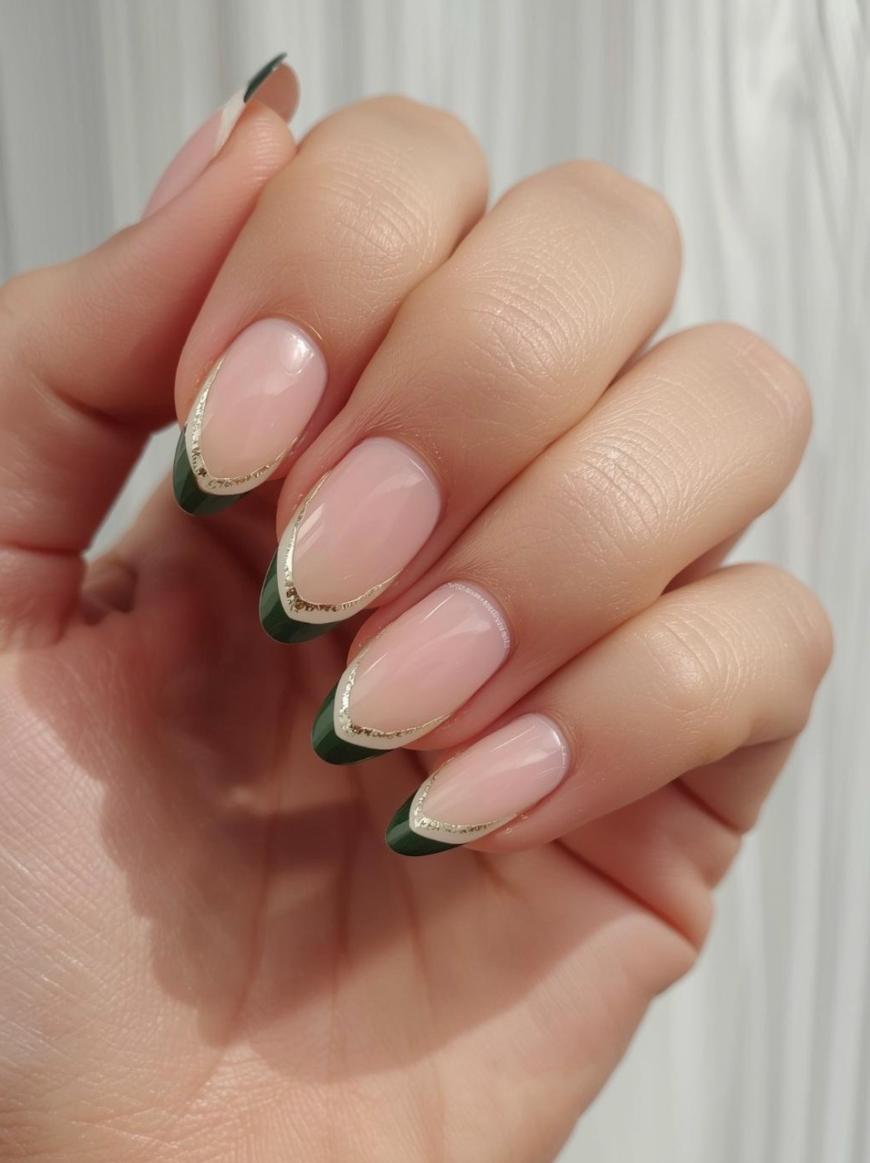 A hand with almond-shaped nails featuring a nude pink base, dark green French tips, and a delicate gold line separating the colors. The nails are neatly manicured against a light background.