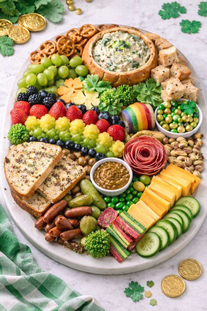 A festive St. Patrick’s Day charcuterie board with green grapes, berries, cheese, meats, sliced bread, pretzels, crackers, dip, shamrock-shaped cheese, and gold chocolate coins on a white platter.