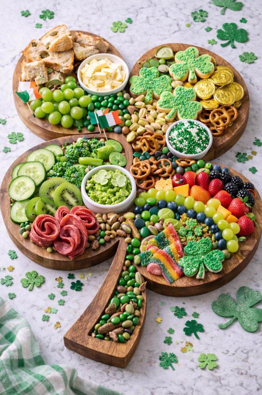 A shamrock-shaped wooden platter holds festive St. Patrick’s Day snacks, including fruits, vegetables, chocolates, cookies, pretzels, crackers, cheeses, candy, and shamrock-shaped treats, all arranged in colorful sections.