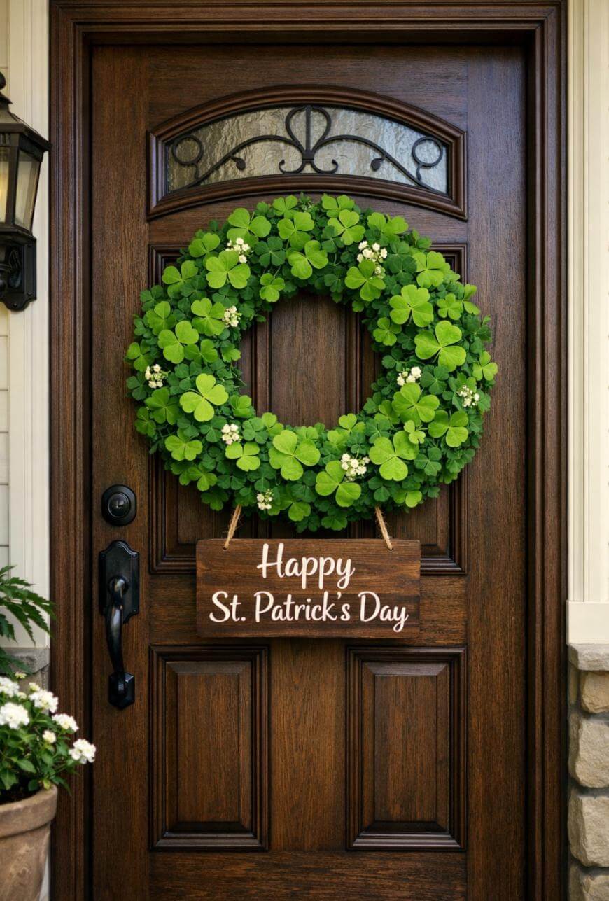 A wooden front door decorated with a green shamrock wreath and a small sign that reads Happy St. Patricks Day. White flowers and a lantern are seen beside the door.
