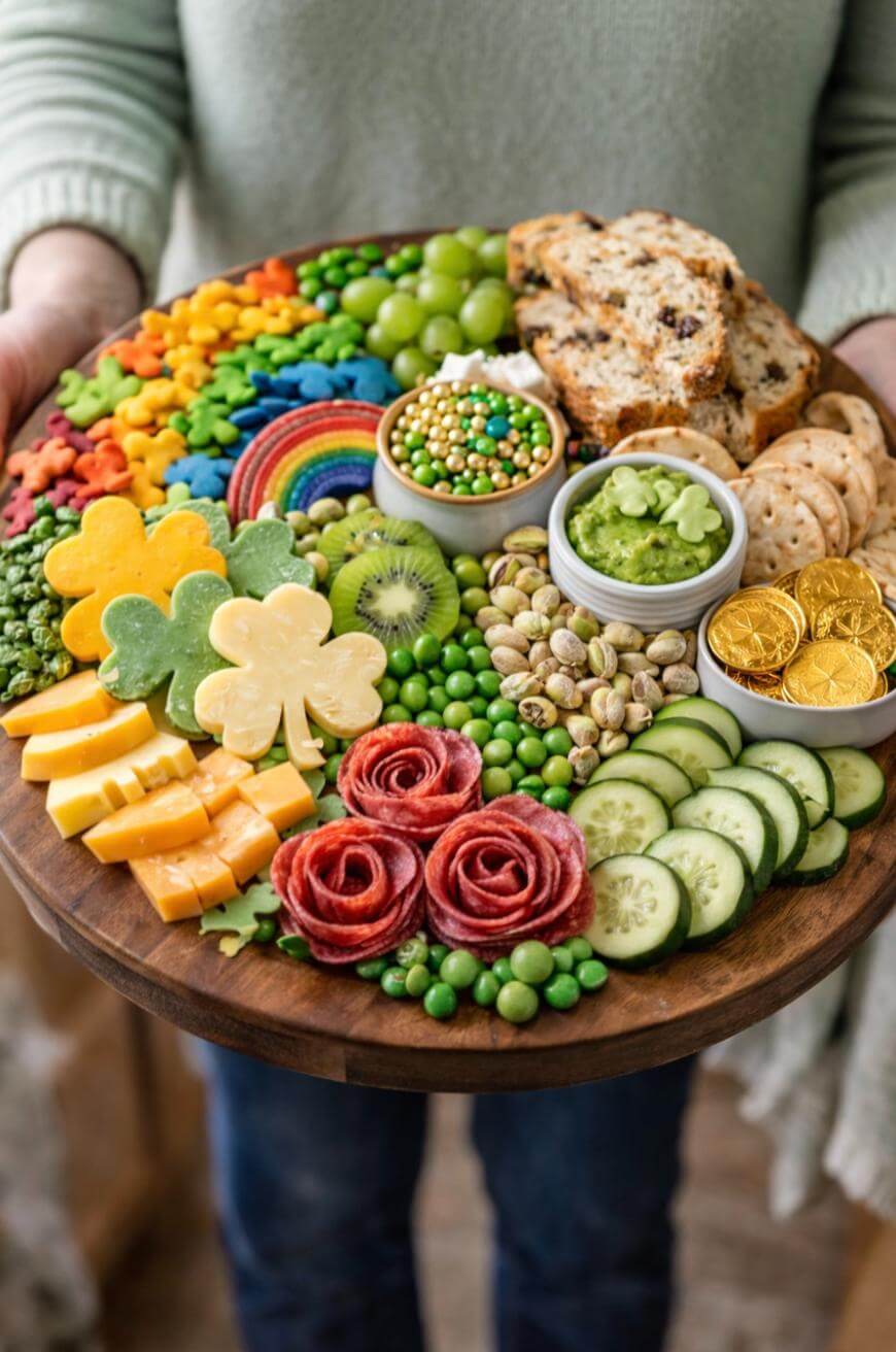 A person holds a round wooden platter with colorful snacks for St. Patrick’s Day, including cheese, crackers, bread, green veggies, fruit, gold chocolate coins, candy, guacamole, and shamrock-shaped cheese slices.