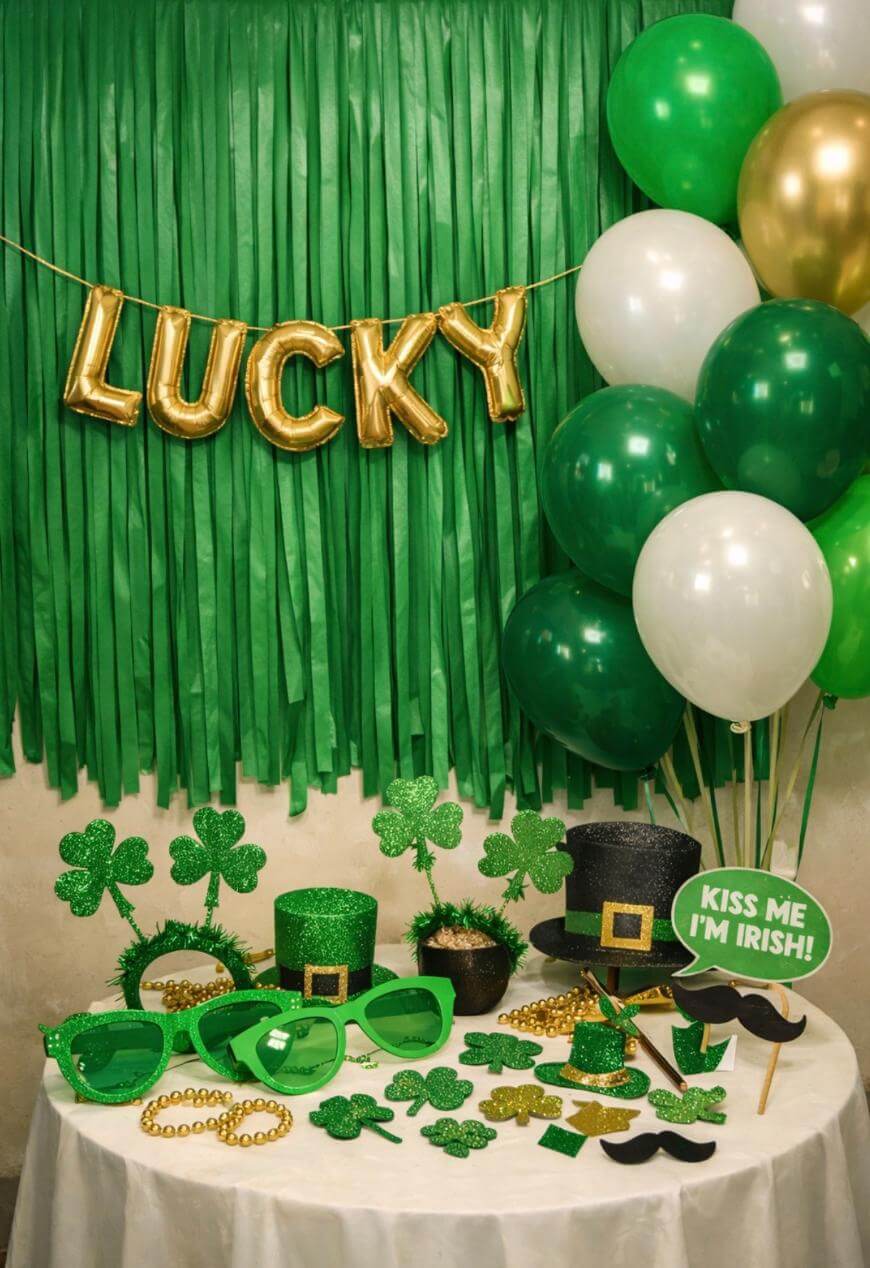 A St. Patrick’s Day party setup with green, white, and gold balloons, a “LUCKY” banner, shamrock decorations, green hats, sunglasses, beads, and a sign saying “Kiss Me I’m Irish” on a white table.