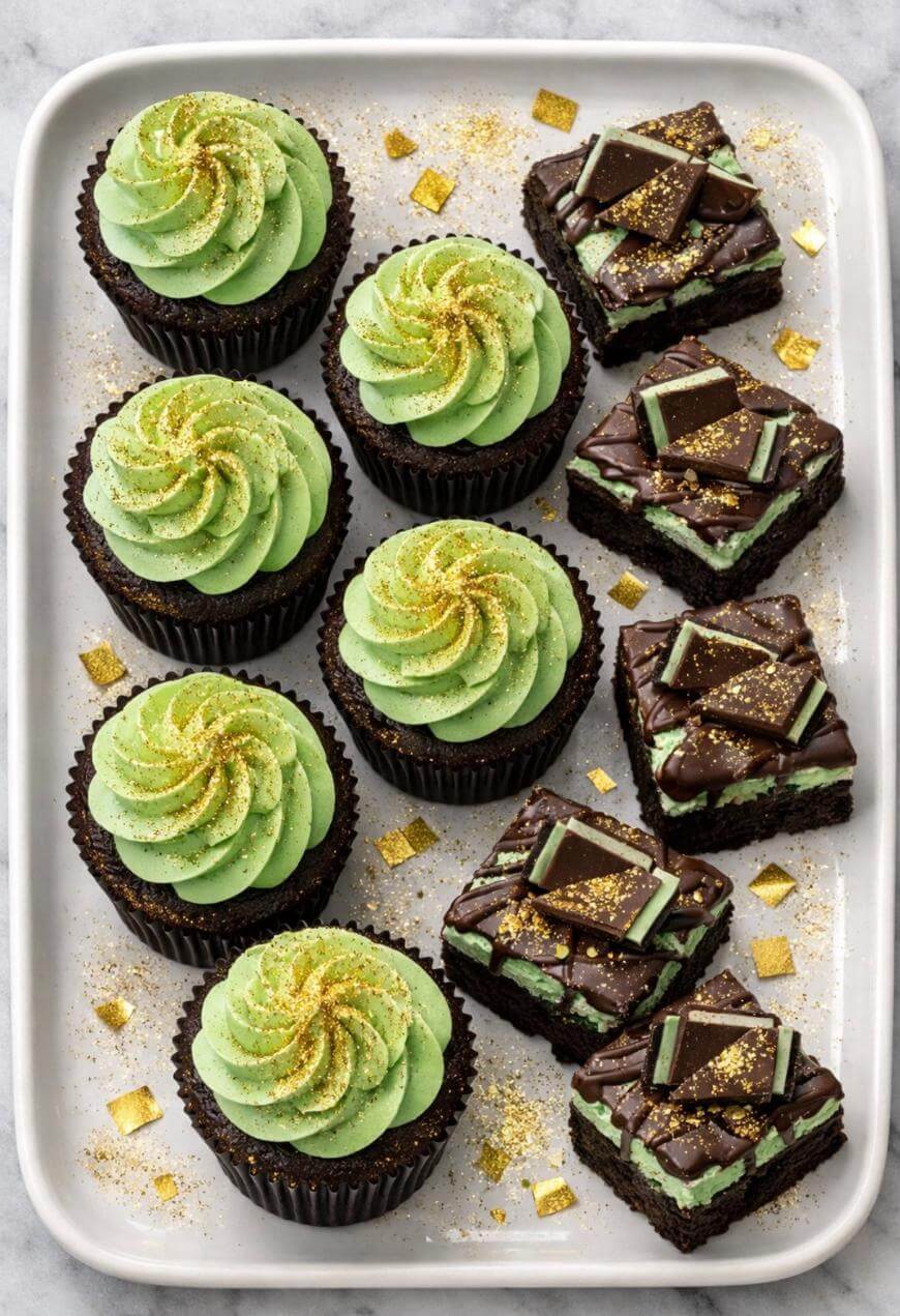 A white tray with six chocolate cupcakes topped with green frosting and gold sprinkles, alongside five chocolate brownies decorated with green mint pieces, chocolate squares, and gold sprinkles.