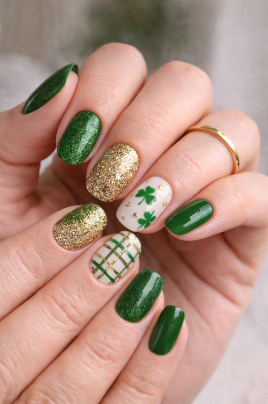 A hand with manicured nails featuring a St. Patrick’s Day theme: green polish, gold glitter, white nails with green shamrocks, and a white nail with a green and gold plaid pattern.
