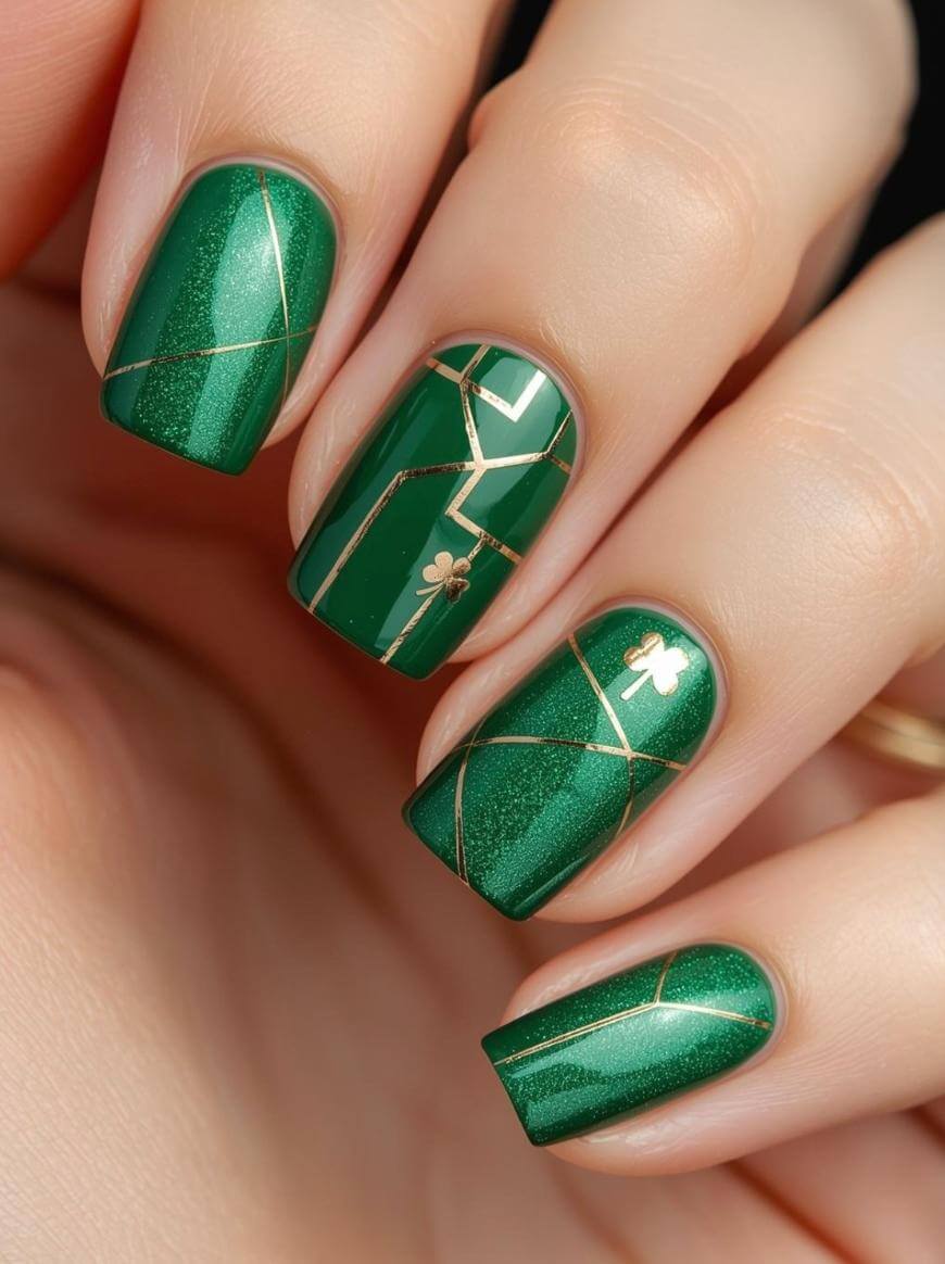 Close-up of a hand with green manicured nails featuring gold geometric lines and small gold shamrock designs, creating an elegant and festive look.