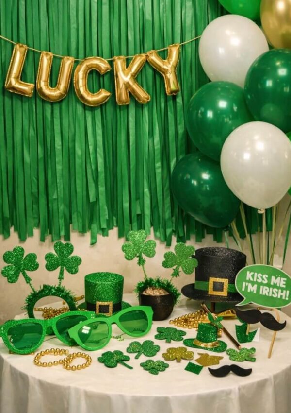 A St. Patrick’s Day party setup with green and gold shamrock decorations, leprechaun hats, gold beads, green sunglasses, “Kiss Me I’m Irish” sign, and green and white balloons; “LUCKY” balloon letters hang above.