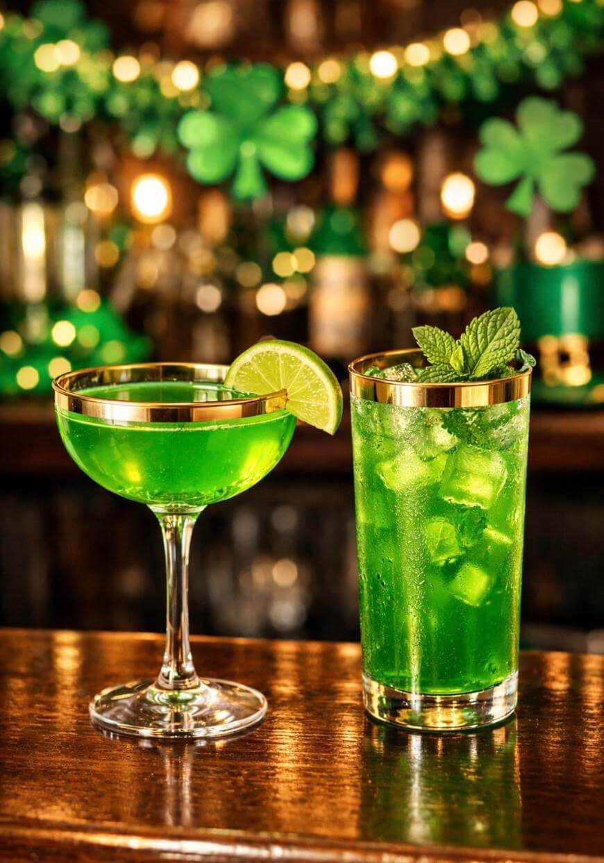 Two bright green cocktails on a bar; one in a coupe glass with a lime wedge, the other in a tall glass with ice and mint. The background features shamrock decorations, suggesting a festive St. Patrick’s Day theme.