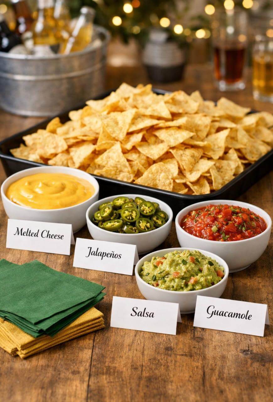 A tray of chips and dips.