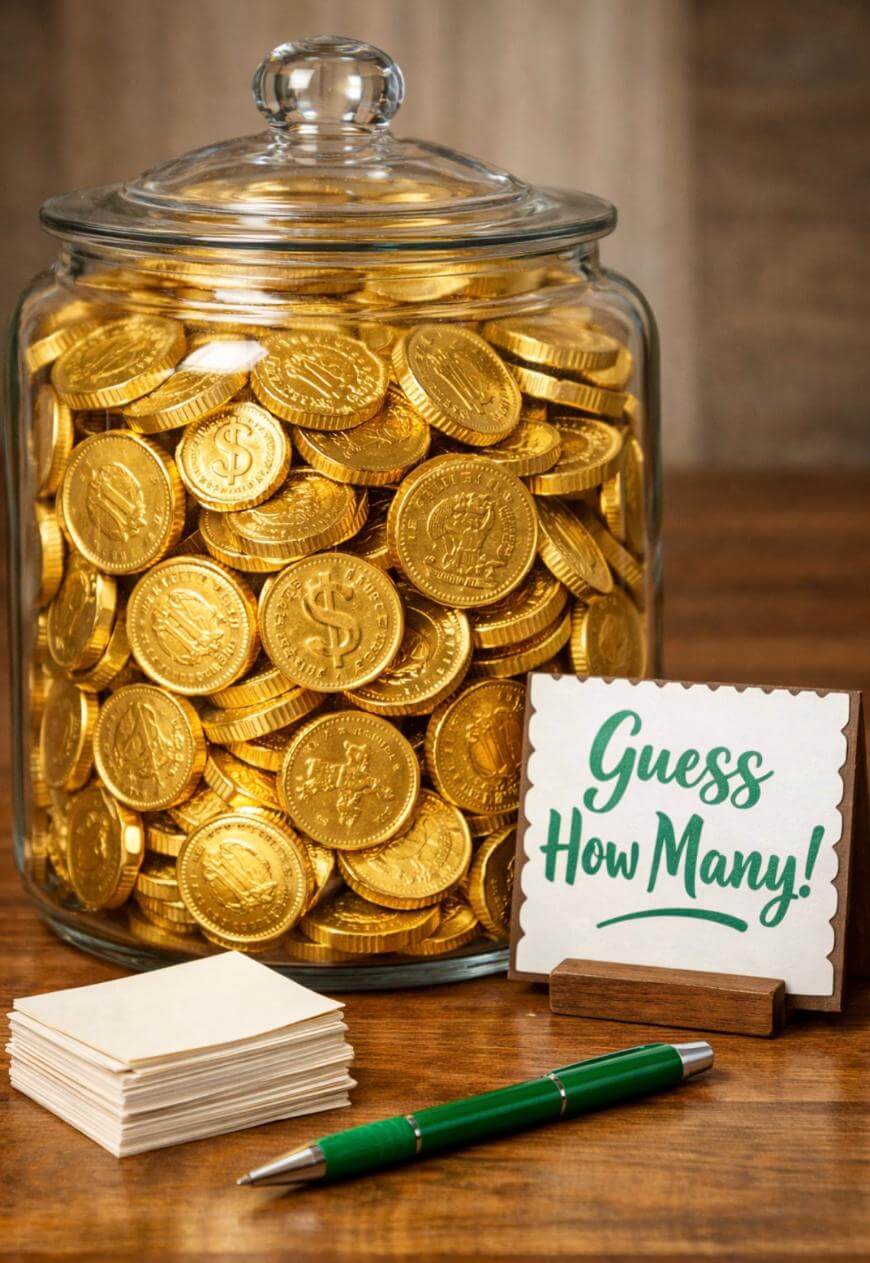 A glass jar filled with gold chocolate coins sits on a wooden table next to a stack of blank papers, a green pen, and a sign that reads, “Guess How Many!”.