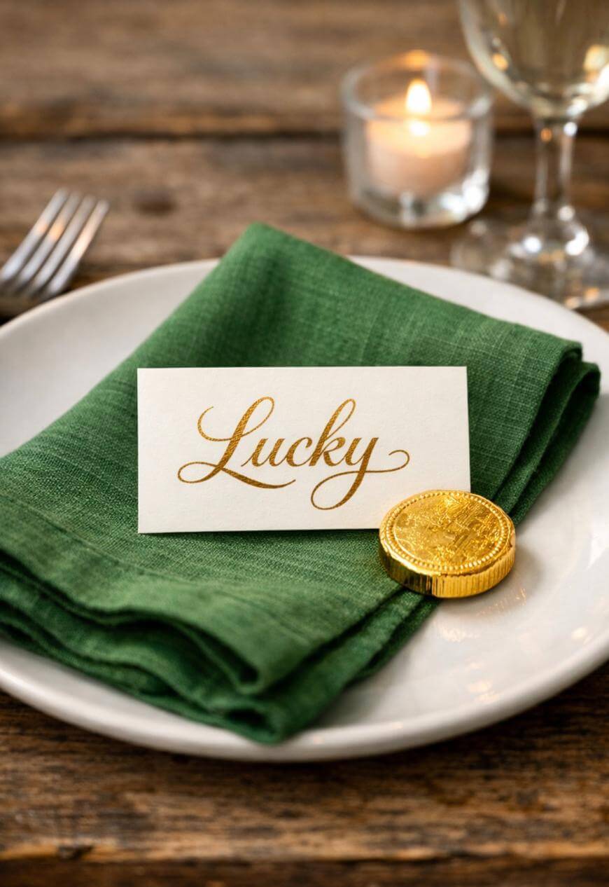 A white plate with a green napkin, a gold-foiled chocolate coin, and a card reading Lucky in gold script. A lit candle and wine glass are in the blurred background on a wooden table.