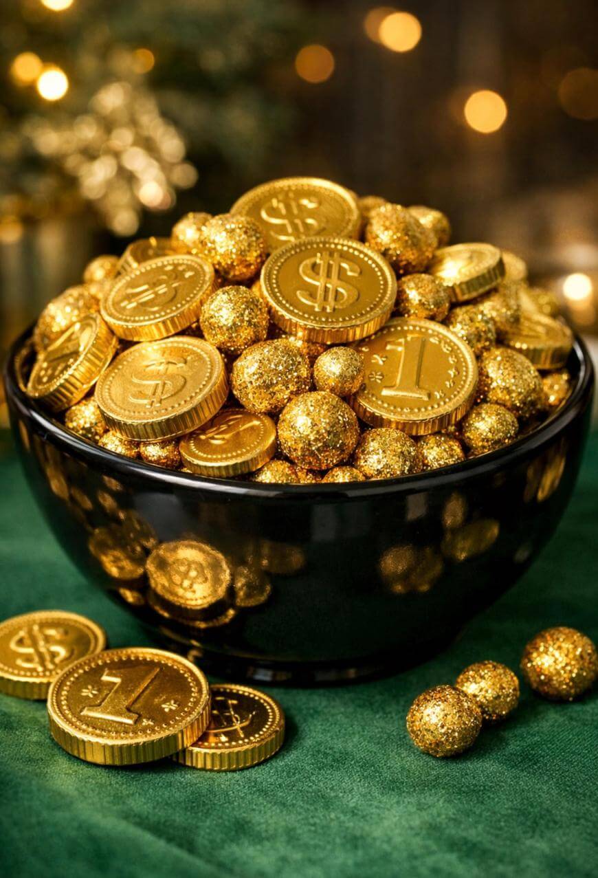 A black bowl filled with shiny gold coins and glittery gold balls sits on a green surface, with a few coins and balls scattered beside it. The background features soft, warm lights and a bokeh effect.