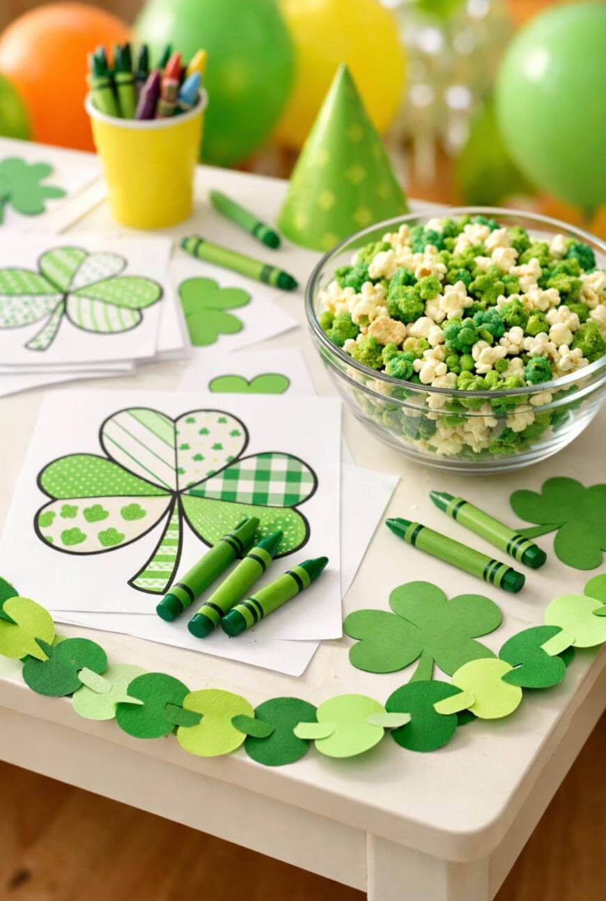 A table decorated for St. Patricks Day with green and yellow balloons, shamrock crafts, green crayons, a shamrock paper garland, and a bowl of green and yellow popcorn.