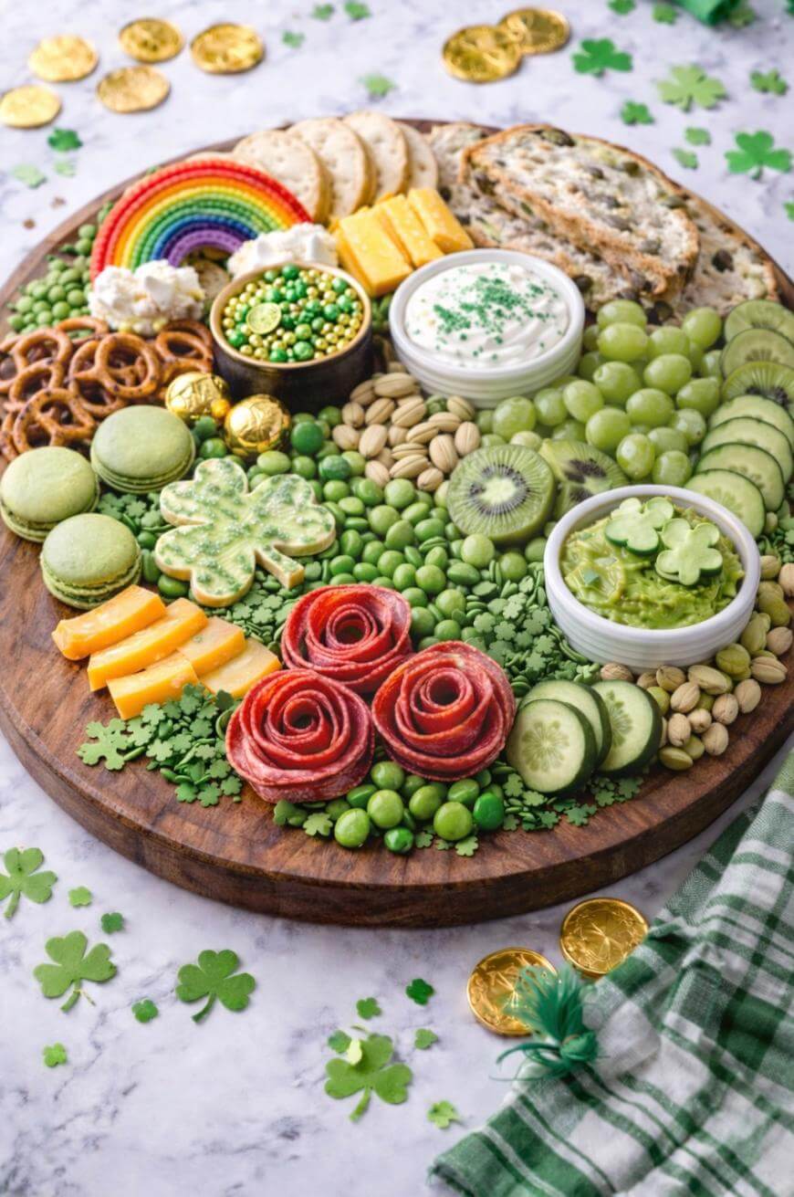A St. Patrick’s Day charcuterie board with green grapes, kiwi, shamrock-shaped cookies, macarons, pretzels, cheese, salami roses, crackers, gold chocolate coins, dip, and a rainbow cookie, on a marble surface.