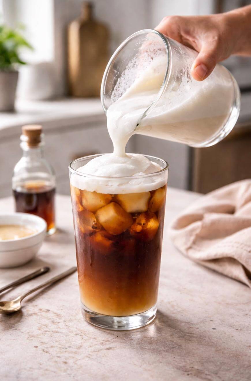A hand pours creamy milk from a glass pitcher into a tall glass of iced coffee, creating a frothy layer on top. The drink sits on a light countertop with a spoon, beige napkin, and syrup bottle nearby.