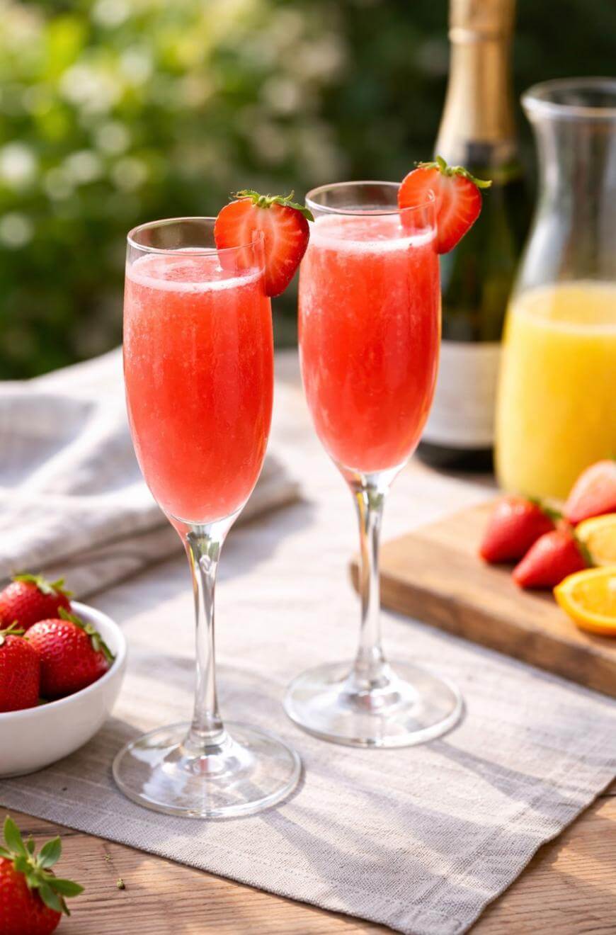 Two champagne flutes filled with bright red strawberry cocktails, each garnished with a fresh strawberry slice. They are set on a table with a bowl of strawberries, lemon wedges, and a carafe of orange juice nearby.