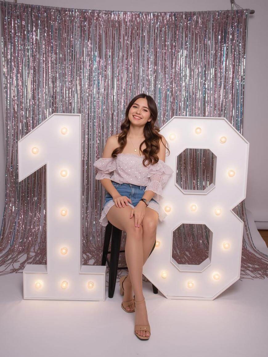 A young woman in a light blouse and denim shorts sits on a stool between large, illuminated numbers 1 and 8, with shiny silver streamers as a backdrop, celebrating her 18th birthday.