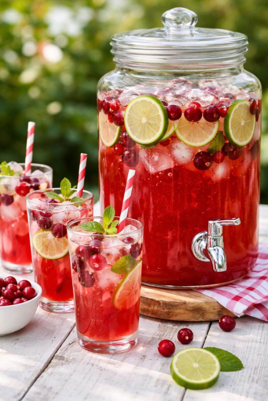 A glass drink dispenser filled with red punch, ice, lime slices, and cranberries sits on a table with three matching glasses, paper straws, and a bowl of cranberries beside it; greenery is blurred in the background.
