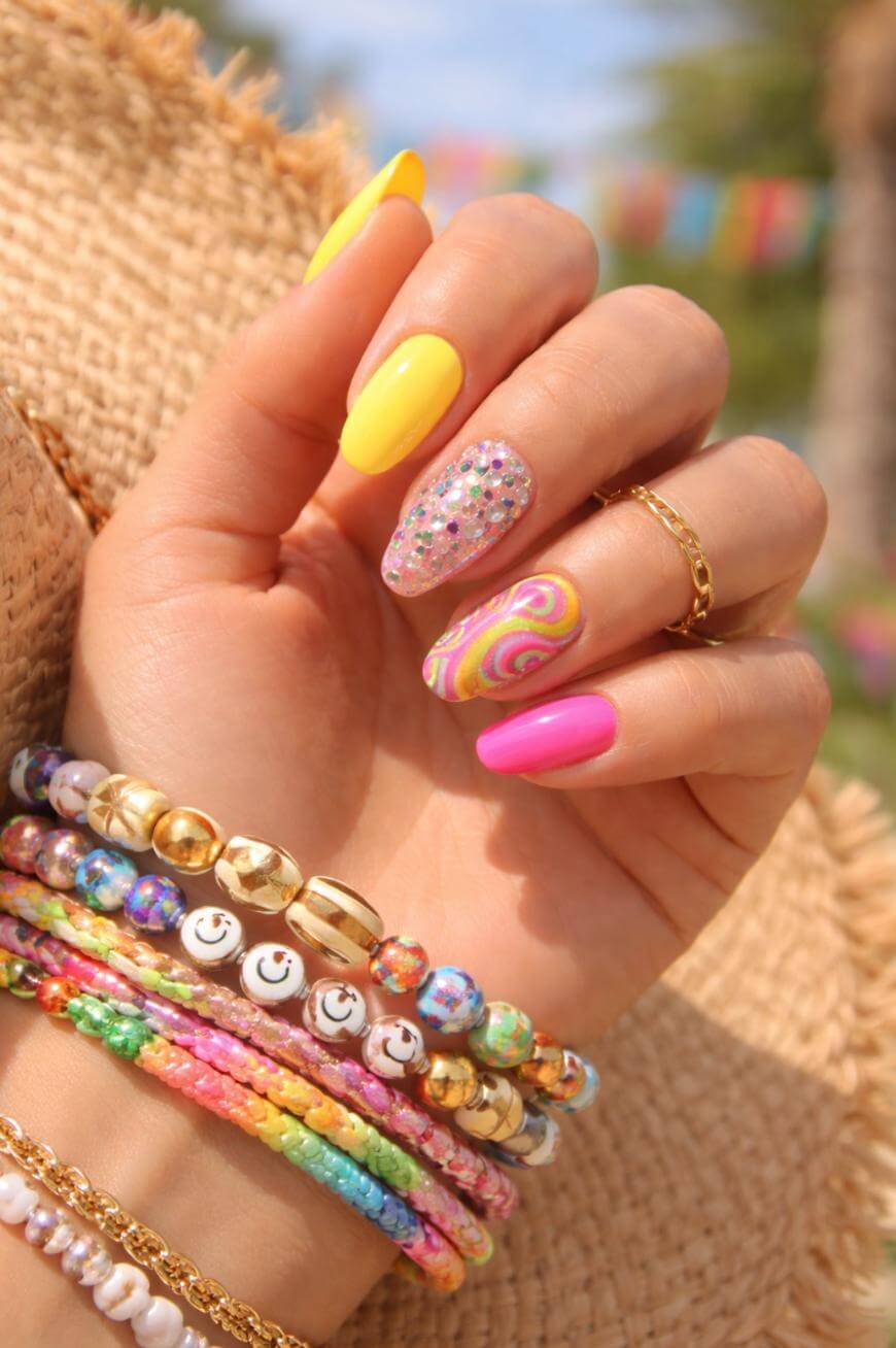 A hand with long, colorful summer-themed nails—yellow, pink, glittery, and a swirl design—wearing gold rings and multiple beaded, colorful bracelets, holding a woven straw hat in bright outdoor light.