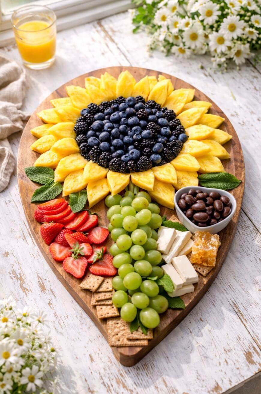 A fruit and cheese platter arranged on a wooden board; pineapple slices and blackberries form a sunflower, with green grapes as the stem, surrounded by strawberries, crackers, cheese, chocolate, and honeycomb. Flowers decorate the scene.