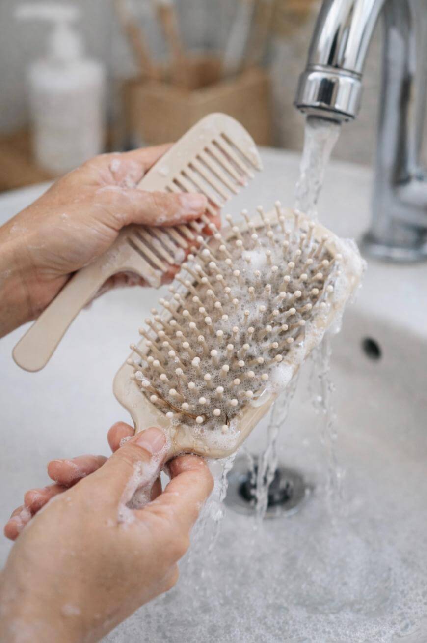 A person cleans a soapy hairbrush with a comb under running water from a faucet in a bathroom sink.