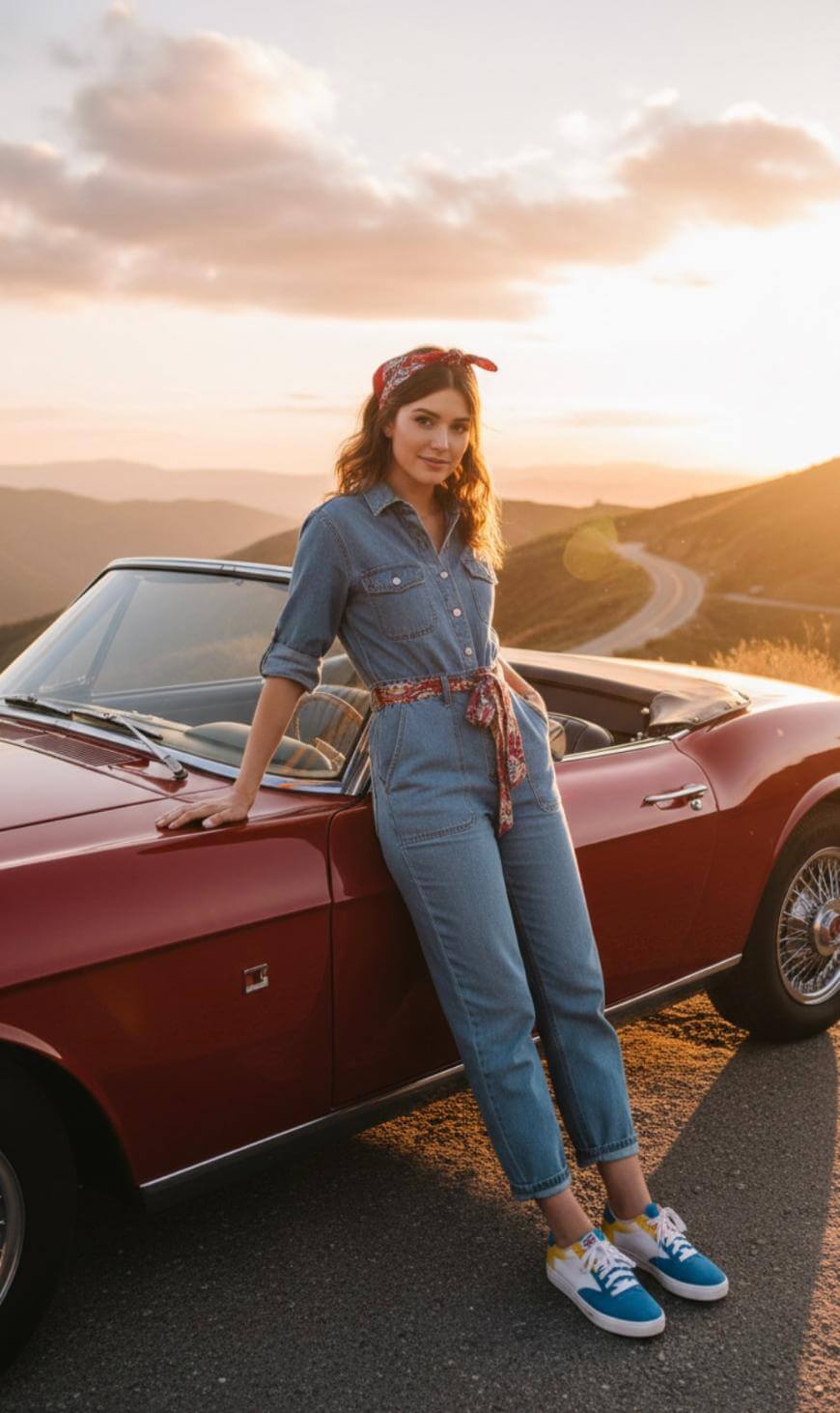 A woman in a denim jumpsuit and red bandana leans against a classic red convertible on a scenic mountain road at sunset, smiling at the camera.