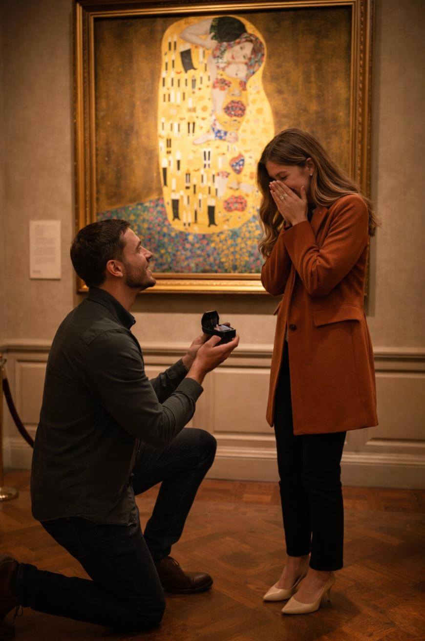 A man kneels and holds out a ring box, proposing to a surprised woman covering her mouth with her hands. They are in an art gallery, standing in front of Gustav Klimts painting The Kiss.