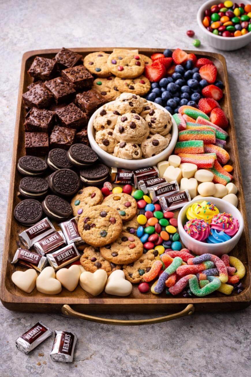 A wooden tray filled with brownies, chocolate chip cookies, Oreos, candy bars, colorful candies, gummy worms, heart-shaped chocolates, blueberries, strawberries, and two small bowls of rainbow-frosted cupcakes and candies.