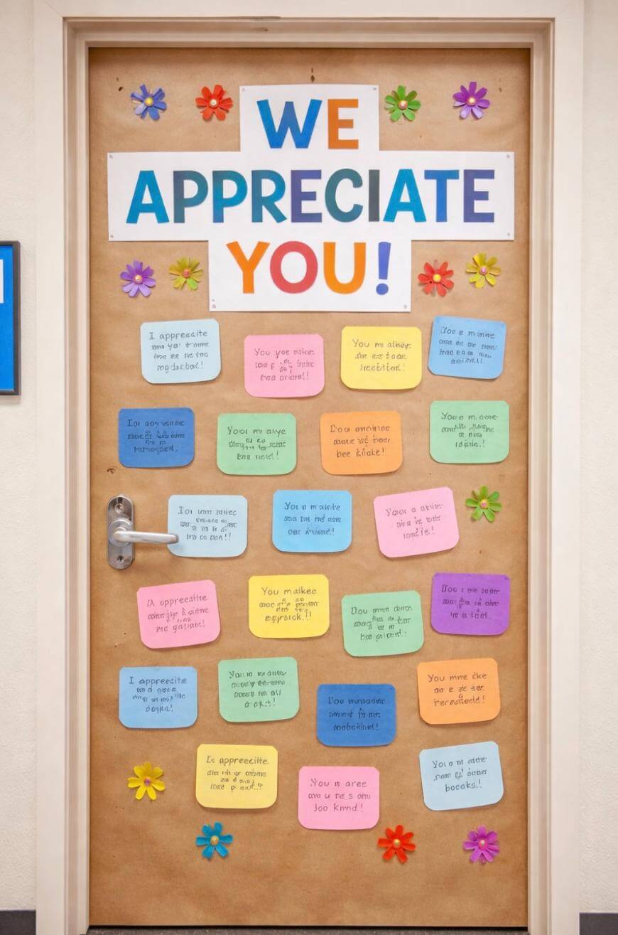 A door decorated with colorful paper flowers and notes. At the top, large letters say We Appreciate You! Below are handwritten appreciation messages on multicolored paper, expressing gratitude and positive affirmations.
