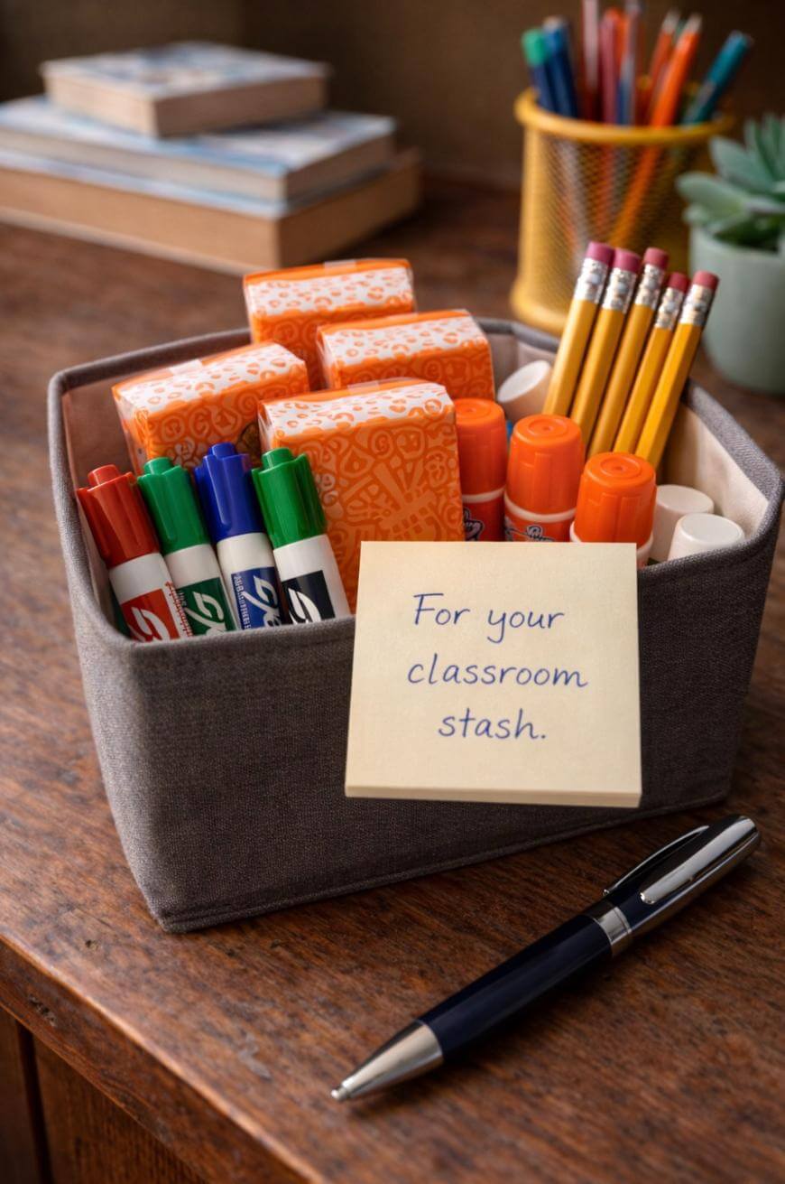 A fabric bin holds boxes of tissues, dry erase markers, glue sticks, and pencils. A sticky note on the bin reads For your classroom stash. A pen, books, and a cup of pencils are nearby on the desk.