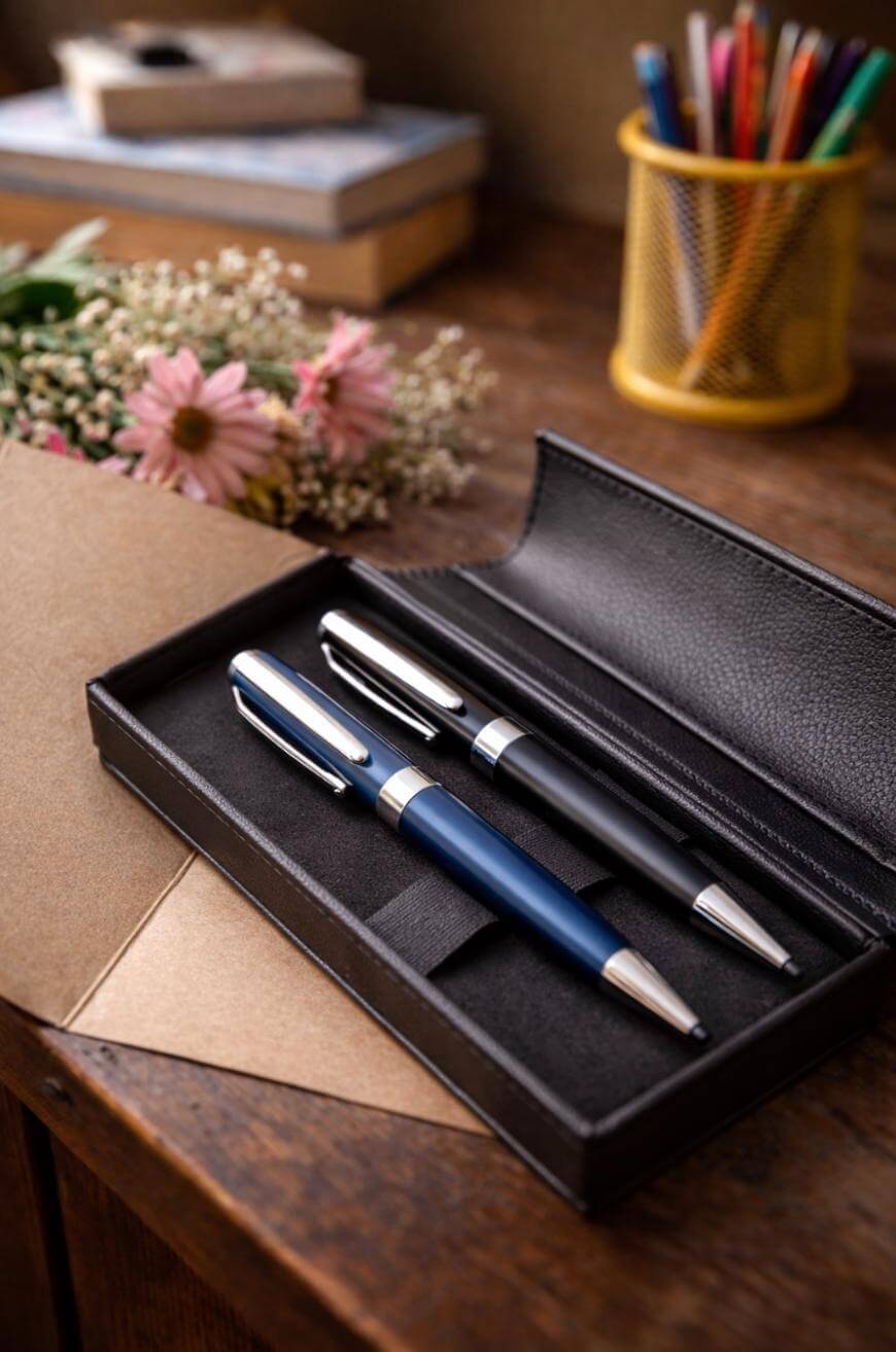 Two pens, one blue and one black, are displayed in an open black leather case on a wooden desk. In the background are flowers, a closed envelope, a book, and a yellow pen holder with colored pencils.