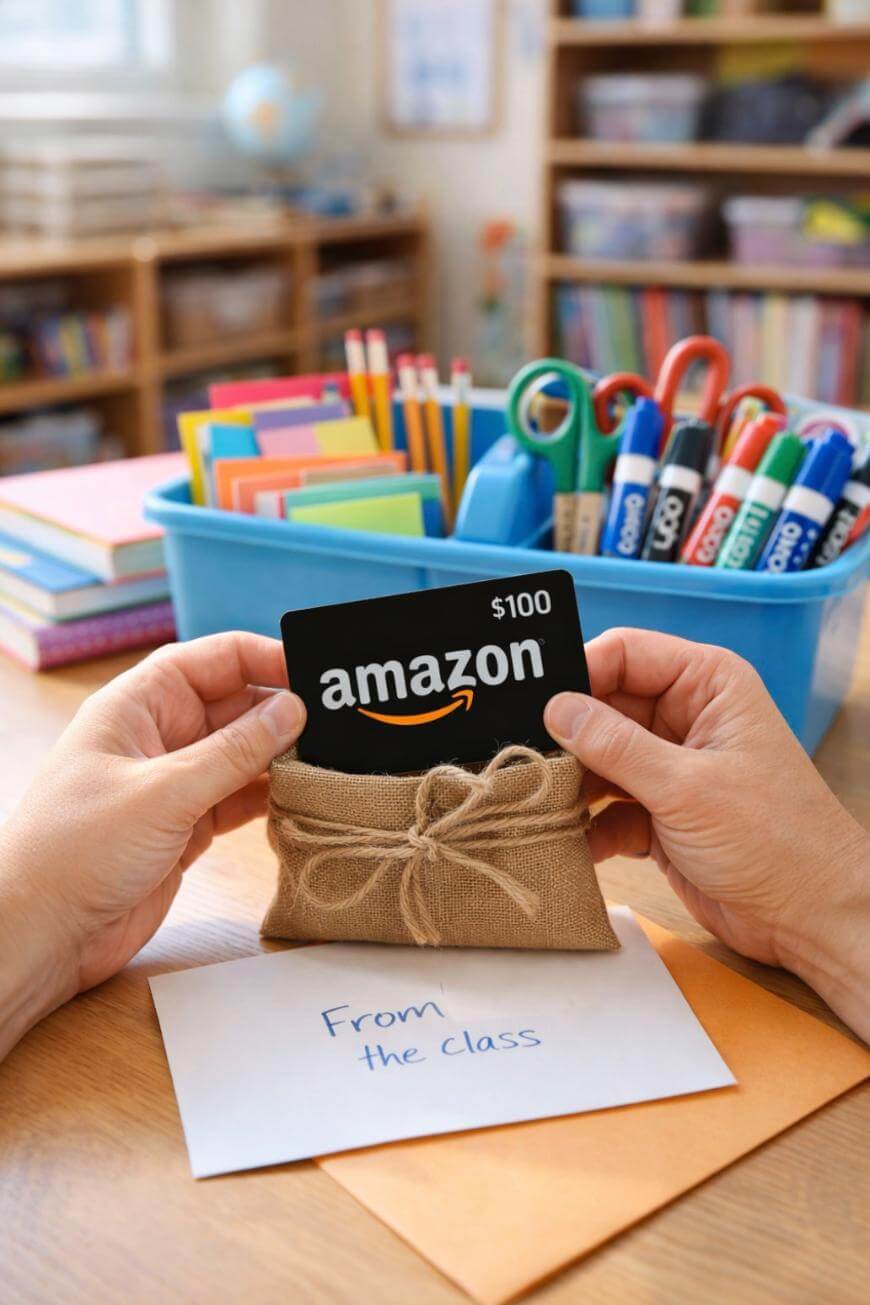 A person holds a $100 Amazon gift card in a burlap pouch above a note that says From the class, with colorful school supplies and books in the background.