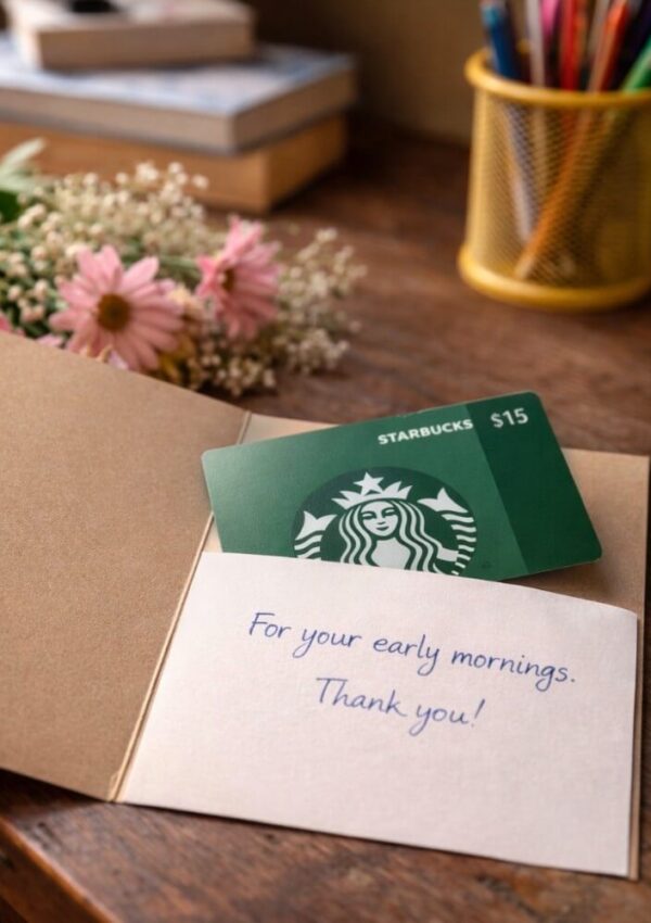 An open card with a $15 Starbucks gift card and a note that reads, For your early mornings. Thank you! sits on a wooden desk with flowers, books, and a yellow pencil holder in the background.