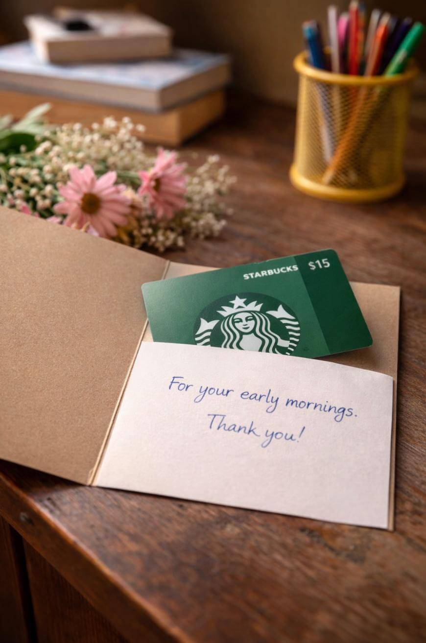 An open card on a wooden desk holds a $15 Starbucks gift card and a note that reads, For your early mornings. Thank you! Flowers, books, and a yellow cup with pens are in the background.