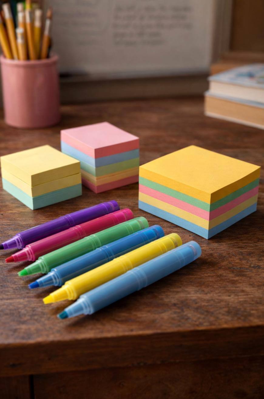 Stacks of multicolored sticky notes and eight colorful markers are arranged on a wooden desk, with a cup of pencils and books in the background.