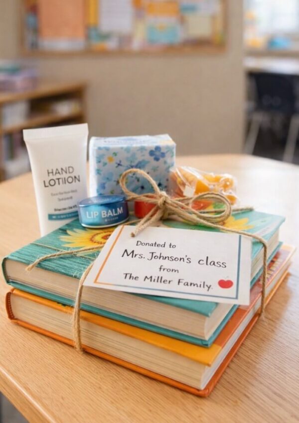 A stack of books tied with string sits on a classroom desk, topped with hand lotion, tissues, lip balm, candies, and a note reading, Donated to Mrs. Johnsons class from The Miller Family.