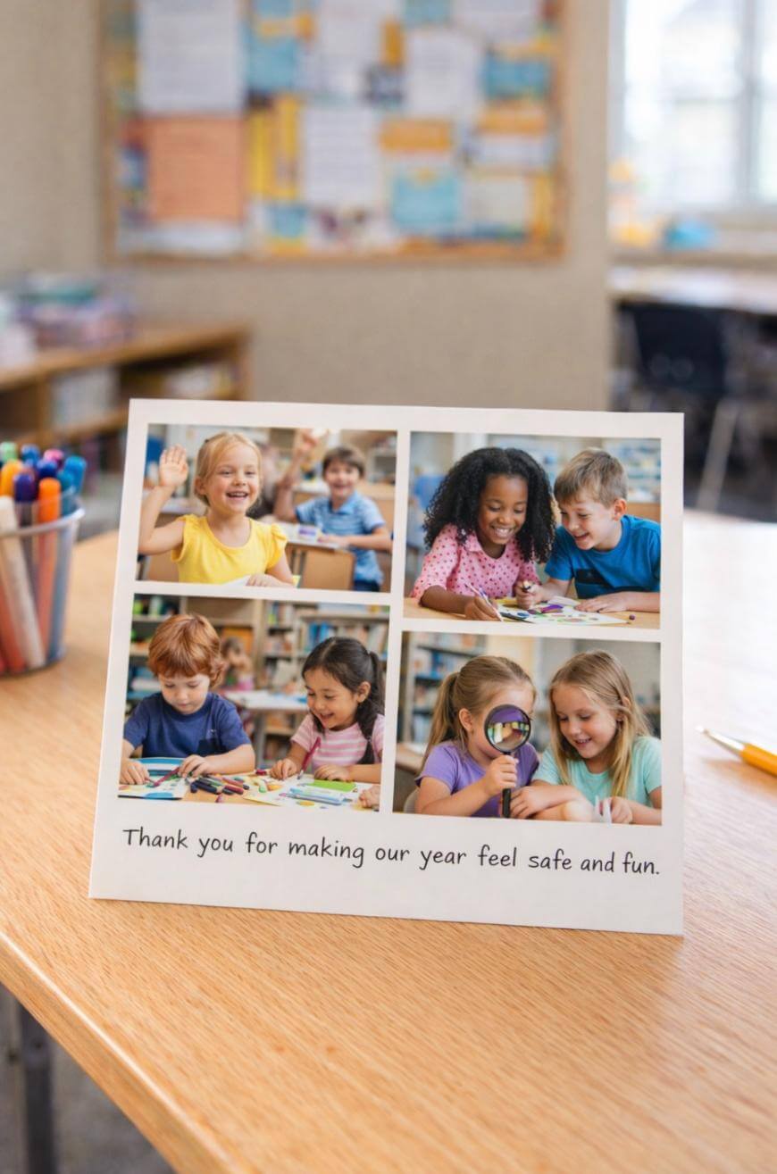 A card on a classroom table shows four photos of smiling children doing activities and reads, Thank you for making our year feel safe and fun. School supplies are visible in the background.