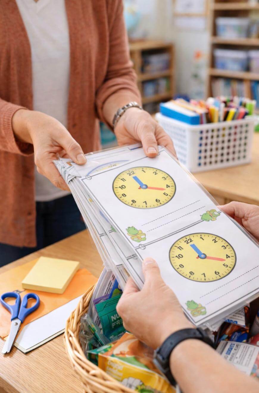Two people exchange a stack of laminated worksheets featuring clock faces. The scene is set in a classroom with supplies like scissors, sticky notes, and a basket of stationery visible on the table.