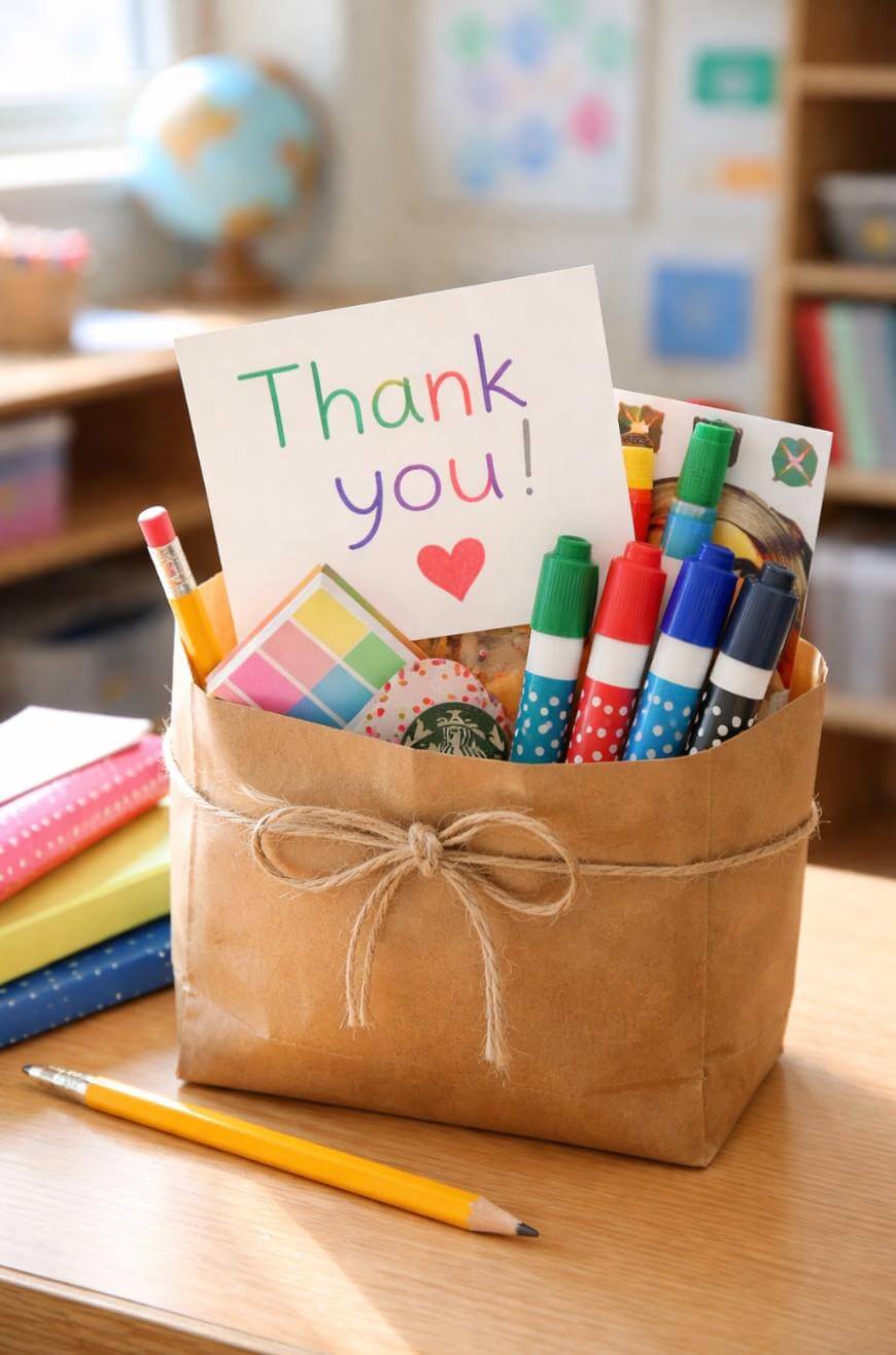 A brown paper bag filled with colorful markers, pens, pencils, sticky notes, and a card that says Thank you! with a heart, sitting on a desk with notebooks and a pencil nearby.