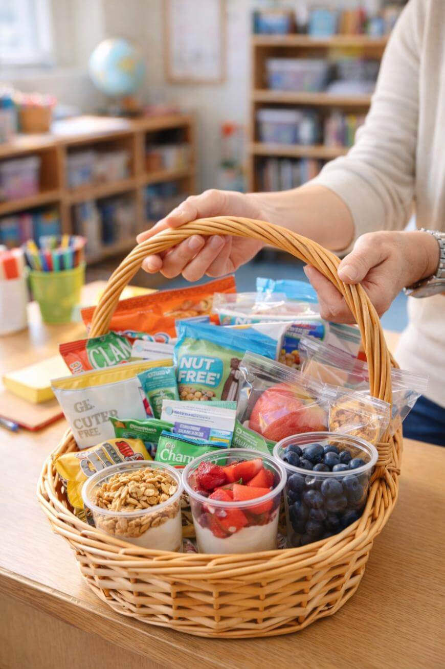 A person holds a wicker basket filled with healthy snacks, including granola, mixed berries, blueberries, apples, and various packaged nut-free treats, in a bright classroom setting.