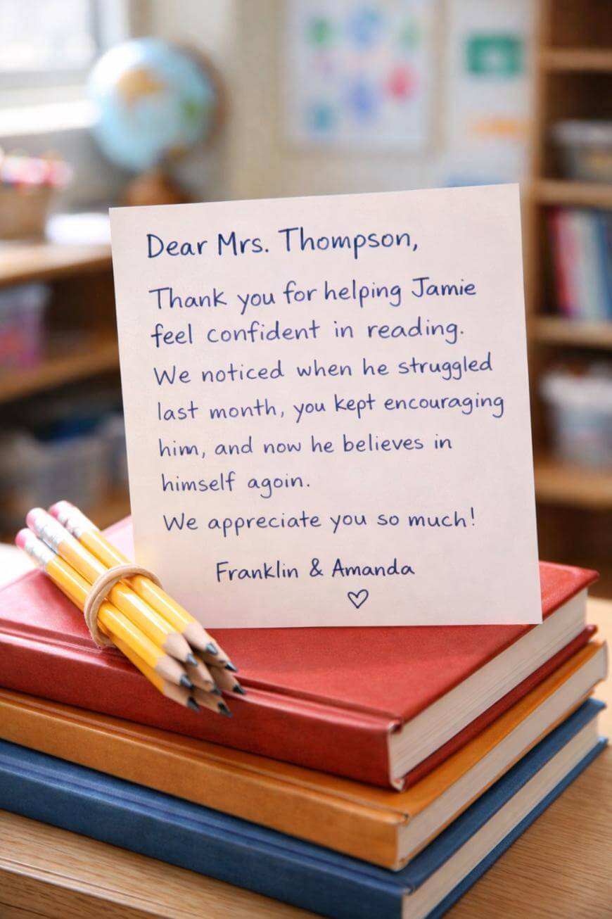 A handwritten thank you note to a teacher is propped up on a stack of books, with three pencils resting beside it. The note expresses gratitude for helping Jamie become confident in reading.