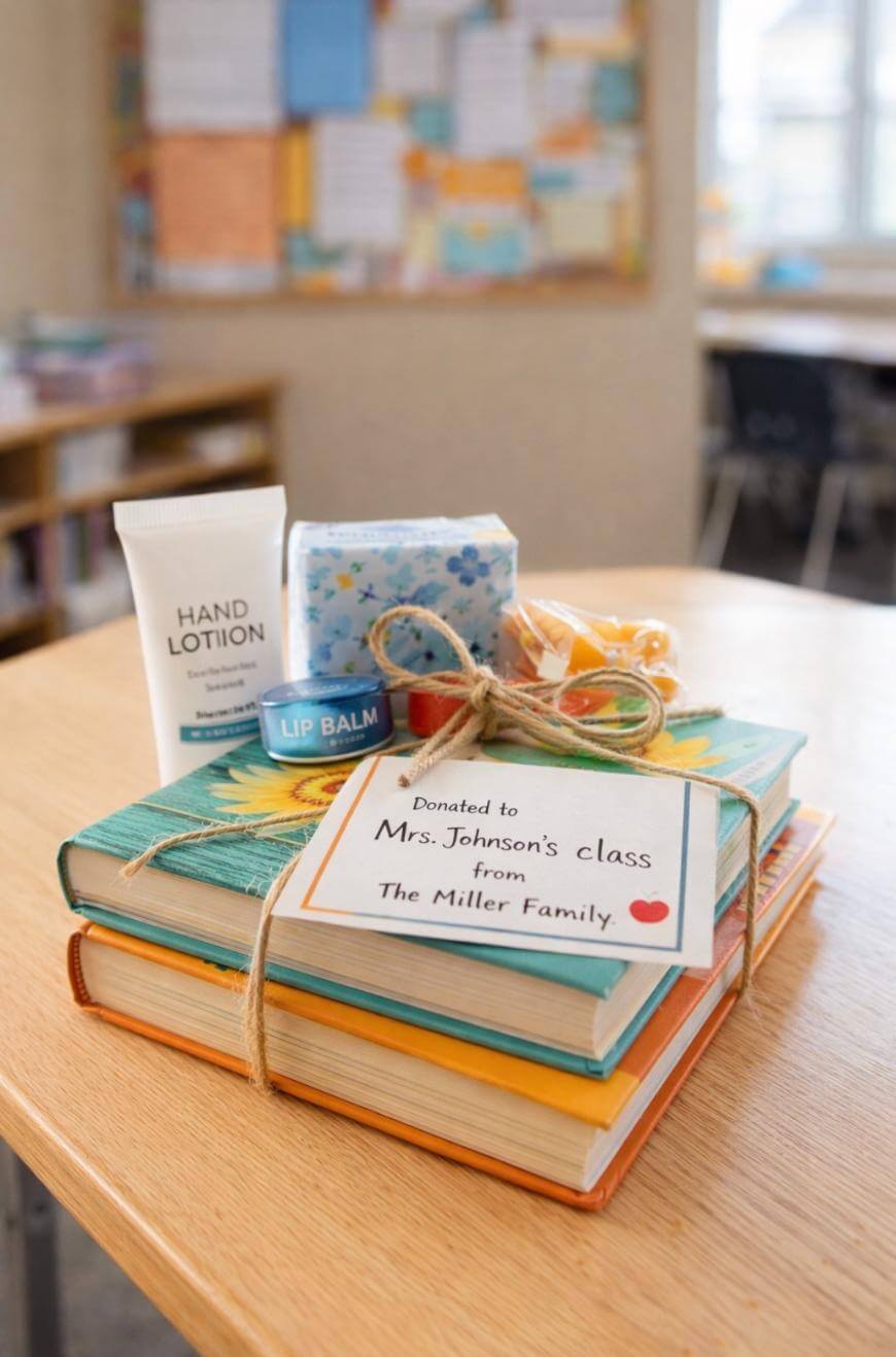 A stack of books with a gift tag, hand lotion, lip balm, tissues, and candy on top, sits on a classroom desk. The tag reads, Donated to Mrs. Johnson’s class from The Miller Family.