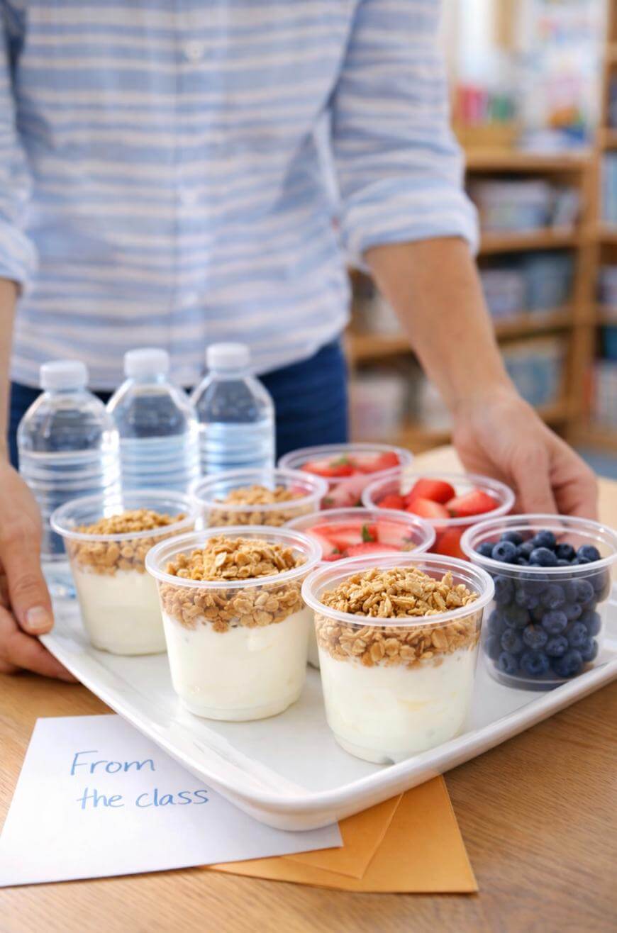 A person carries a tray with cups of yogurt topped with granola, cups of blueberries and strawberries, and bottles of water. Envelopes labeled From the class are on the table below.