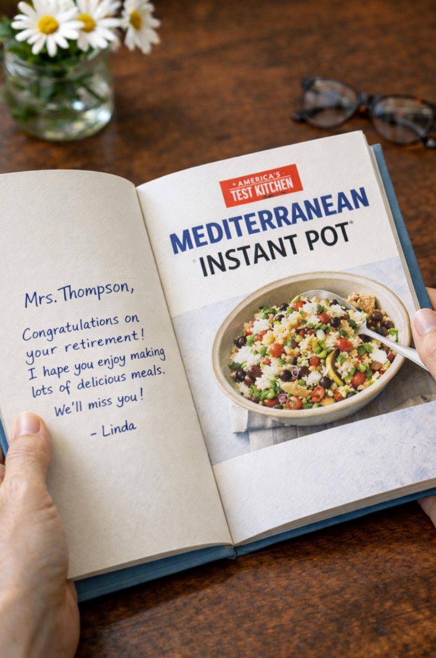 A person holds open a cookbook titled Mediterranean Instant Pot. On the left page is a handwritten note congratulating Mrs. Thompson on her retirement, signed by Linda. Glasses and a plant are visible in the background.