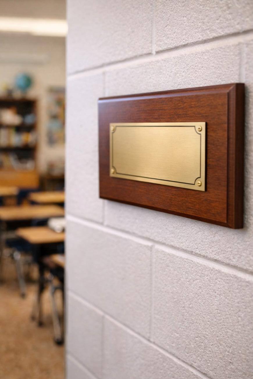 A blank brass nameplate on a wooden plaque is mounted on a light-colored brick wall, with a classroom containing desks and chairs visible in the background.