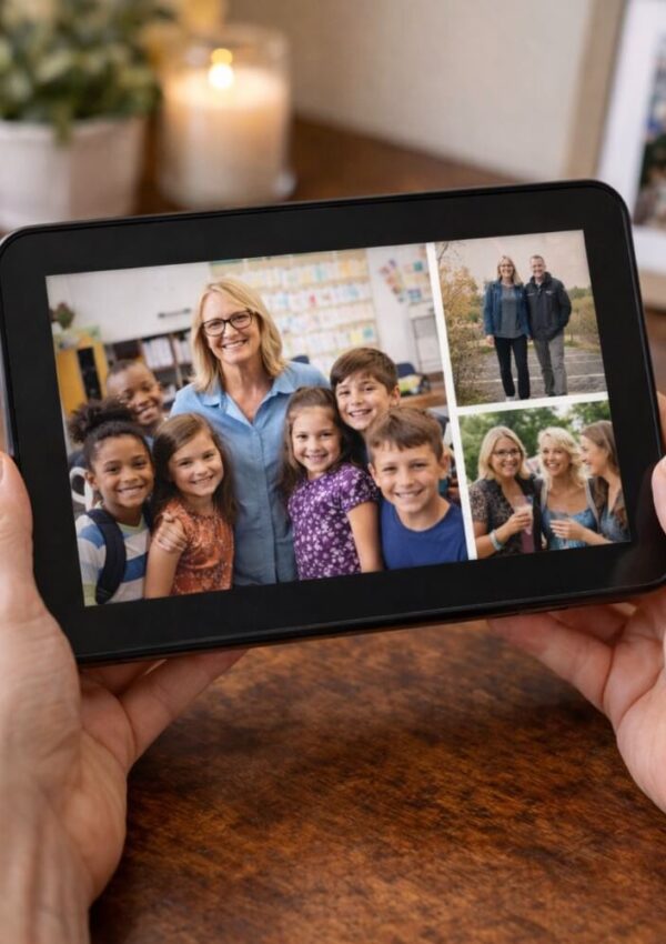 A person holds a tablet displaying a collage of photos, including a group of smiling children with an adult woman, a couple outdoors, and two women smiling together.