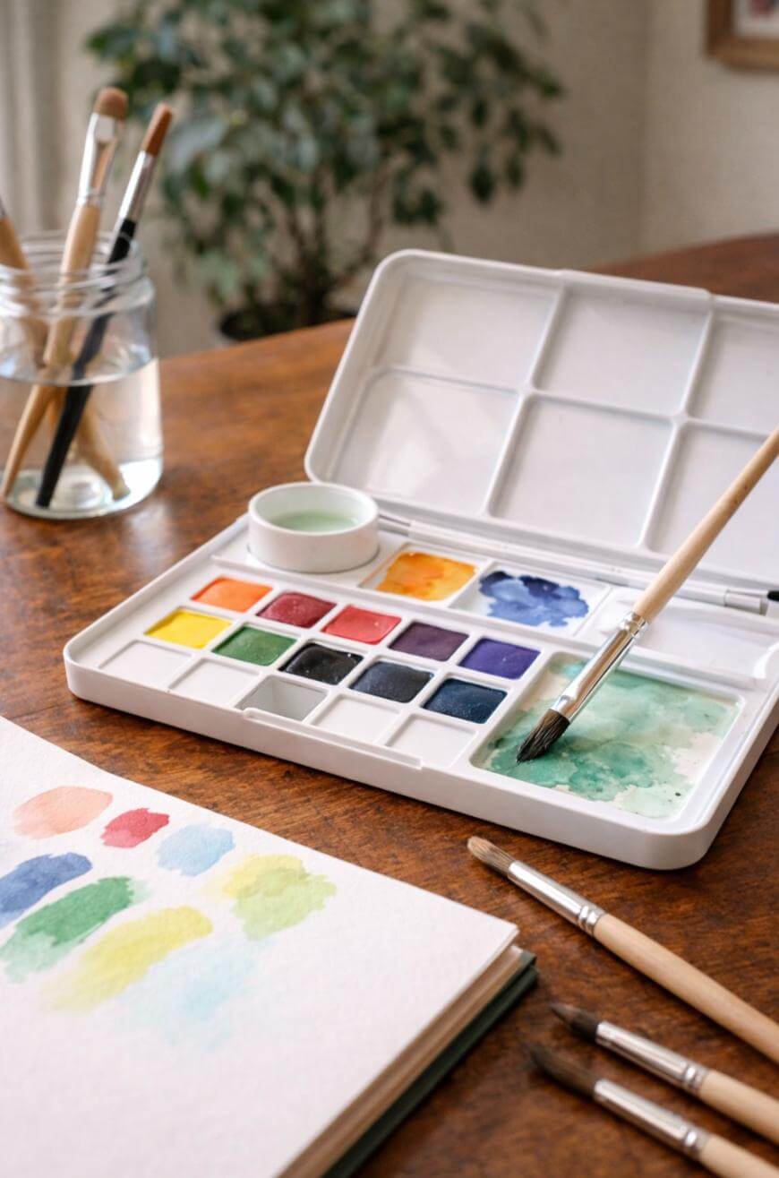 A watercolor paint set with open lid, various vibrant colors, a brush resting in the mixing tray, a jar with brushes in water, and a sheet with painted swatches on a wooden table. A plant is blurred in the background.