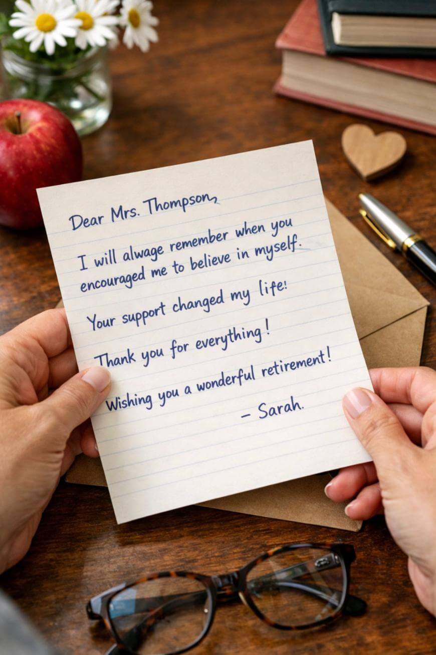 A person holds a handwritten letter on lined paper that thanks Mrs. Thompson for her encouragement and wishes her a happy retirement. The letter is on a desk with an envelope, glasses, an apple, a pen, and daisies in the background.