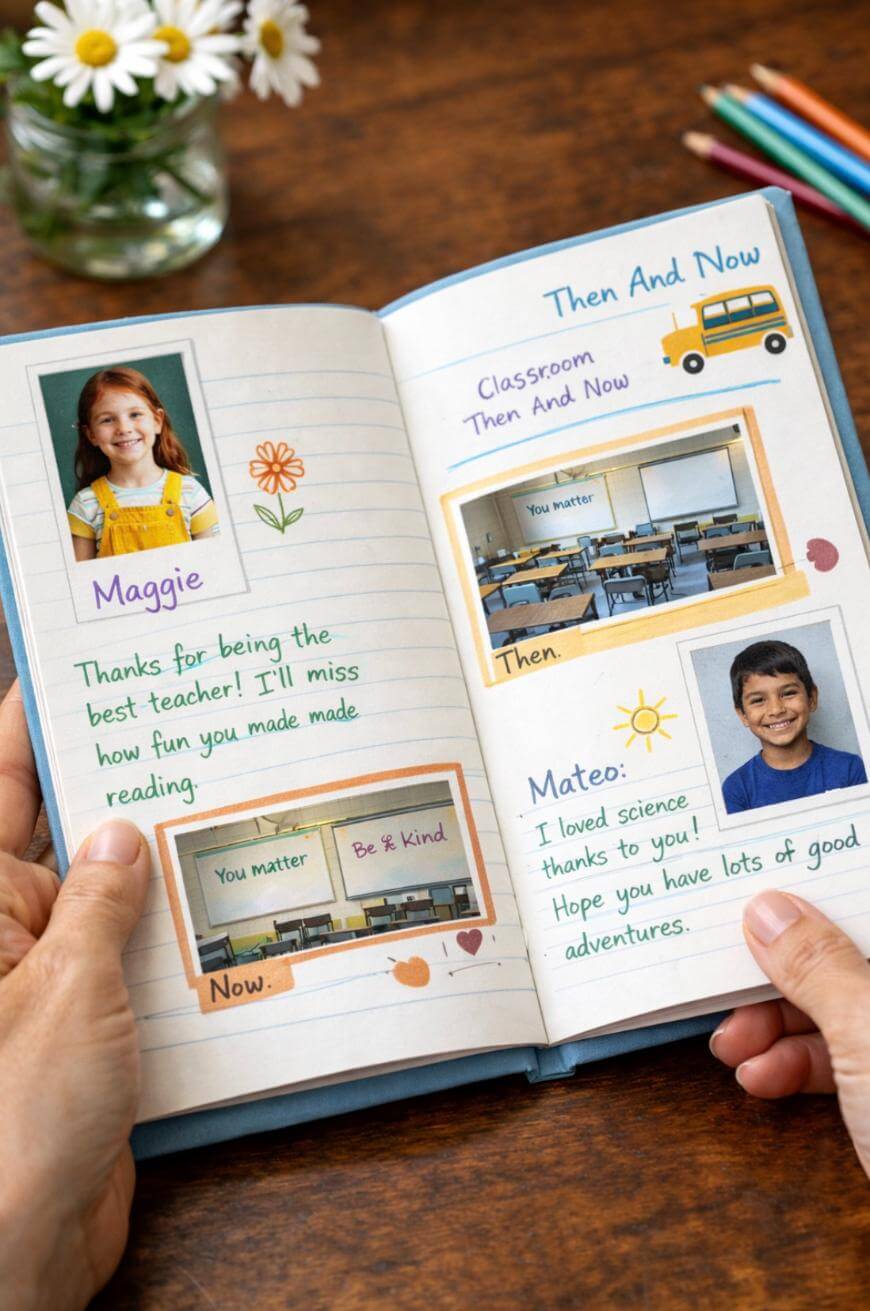 An open scrapbook shows a thank you note from a student named Maggie with her photo, classroom then and now comparison pictures, and a note from another student named Mateo with his photo, surrounded by colored pencils and daisies.